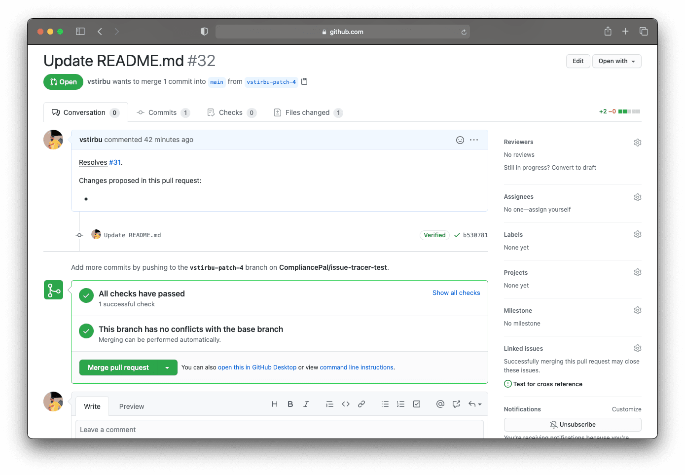 Pull request #32 linked to the issue #31